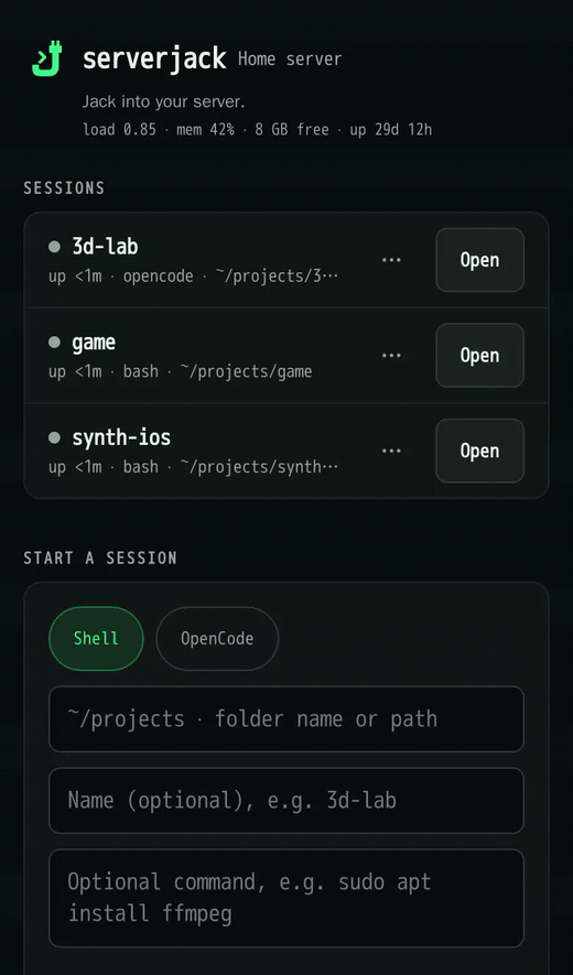 Picking OpenCode and a project directory, starting a session, and landing in a live terminal, on a phone